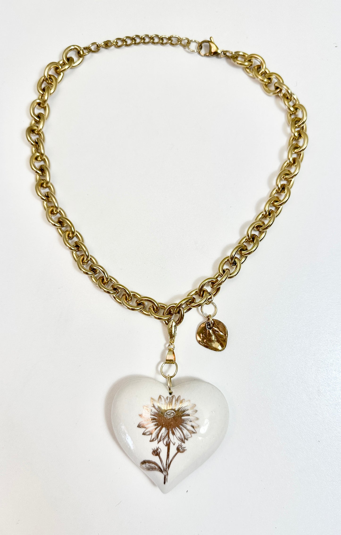 Golden Sunflower Heart Necklace on a Chunky Chain