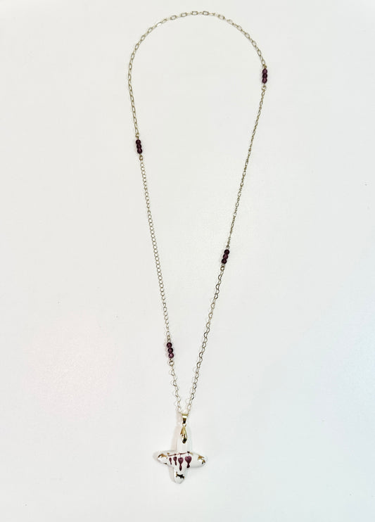 Porcelain Cross with Bleeding Hearts Necklace