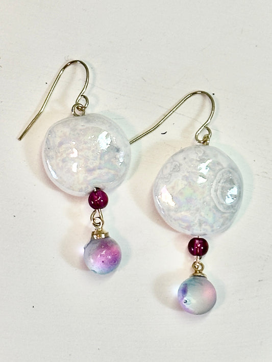 Mother-of-Pearl Dangle Porcelain Earrings with Purple Glass Beads