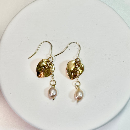 Petite Gold Aspen Leaf Porcelain and Freshwater Pearl Earrings