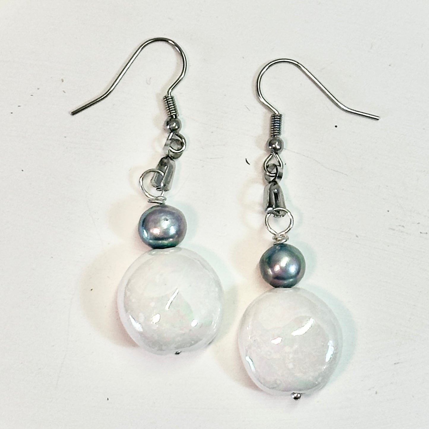 Mother-of-Pearl Dangle Porcelain Earrings with Black Fresh Water Pearls