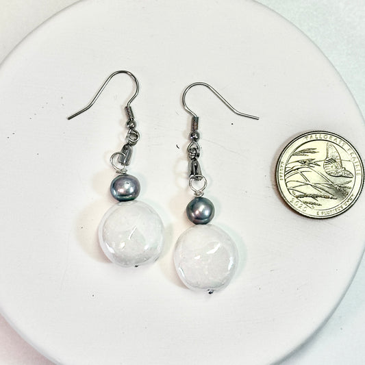 Mother-of-Pearl Dangle Porcelain Earrings with Black Fresh Water Pearls