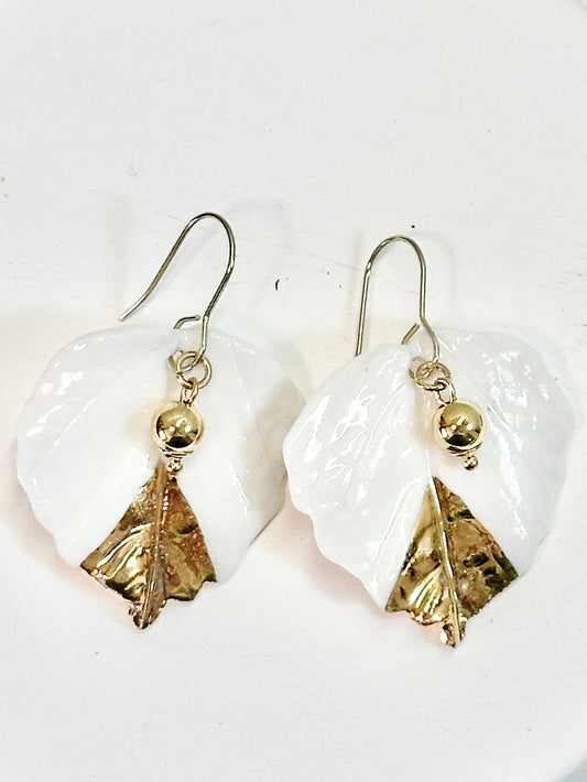 Gold Dipped Aspen Leaf Porcelain Earrings with Gold Dangling Bead