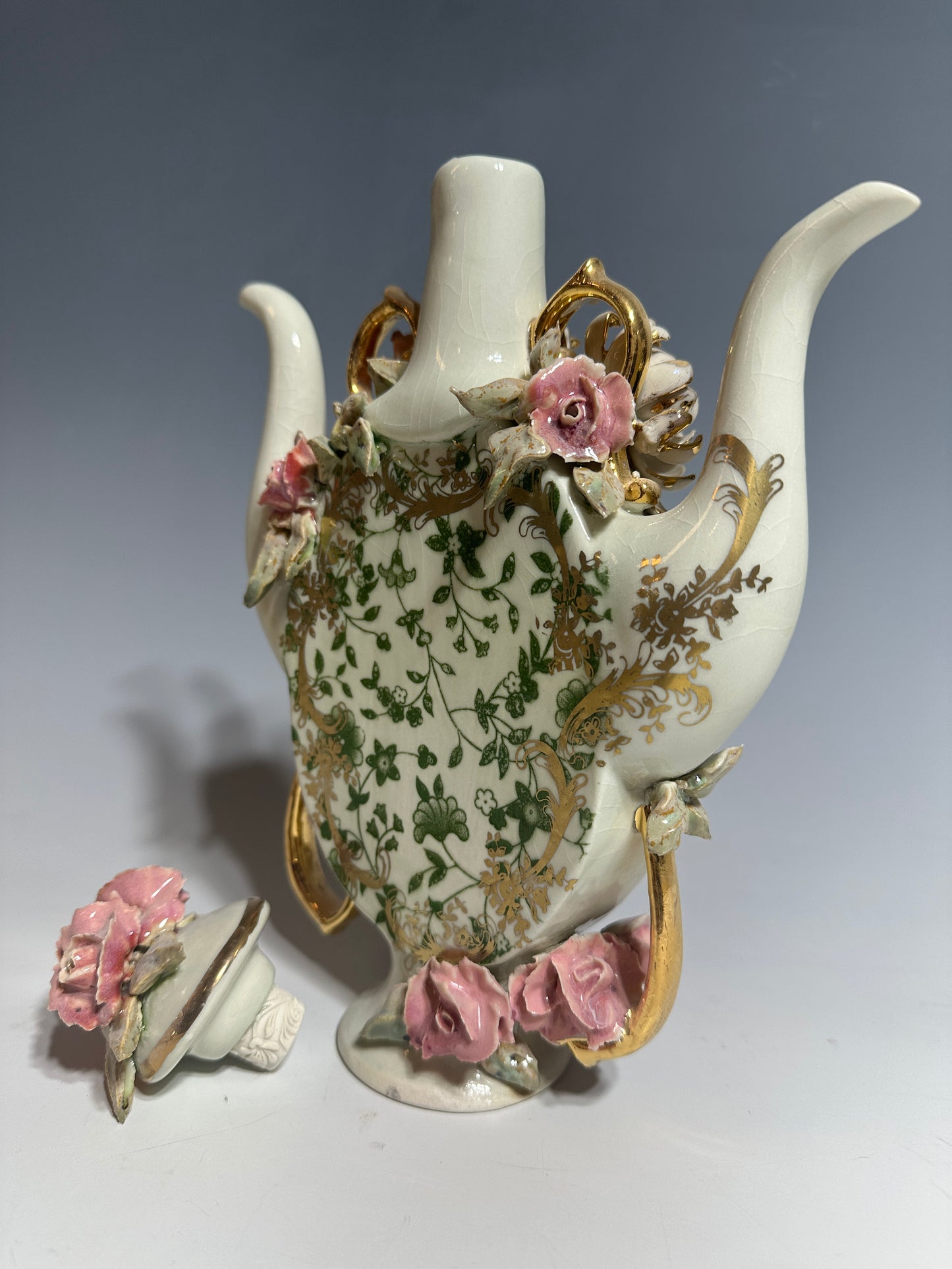 Chrysanthemums and Roses, Double Spout Porcelain Teapot