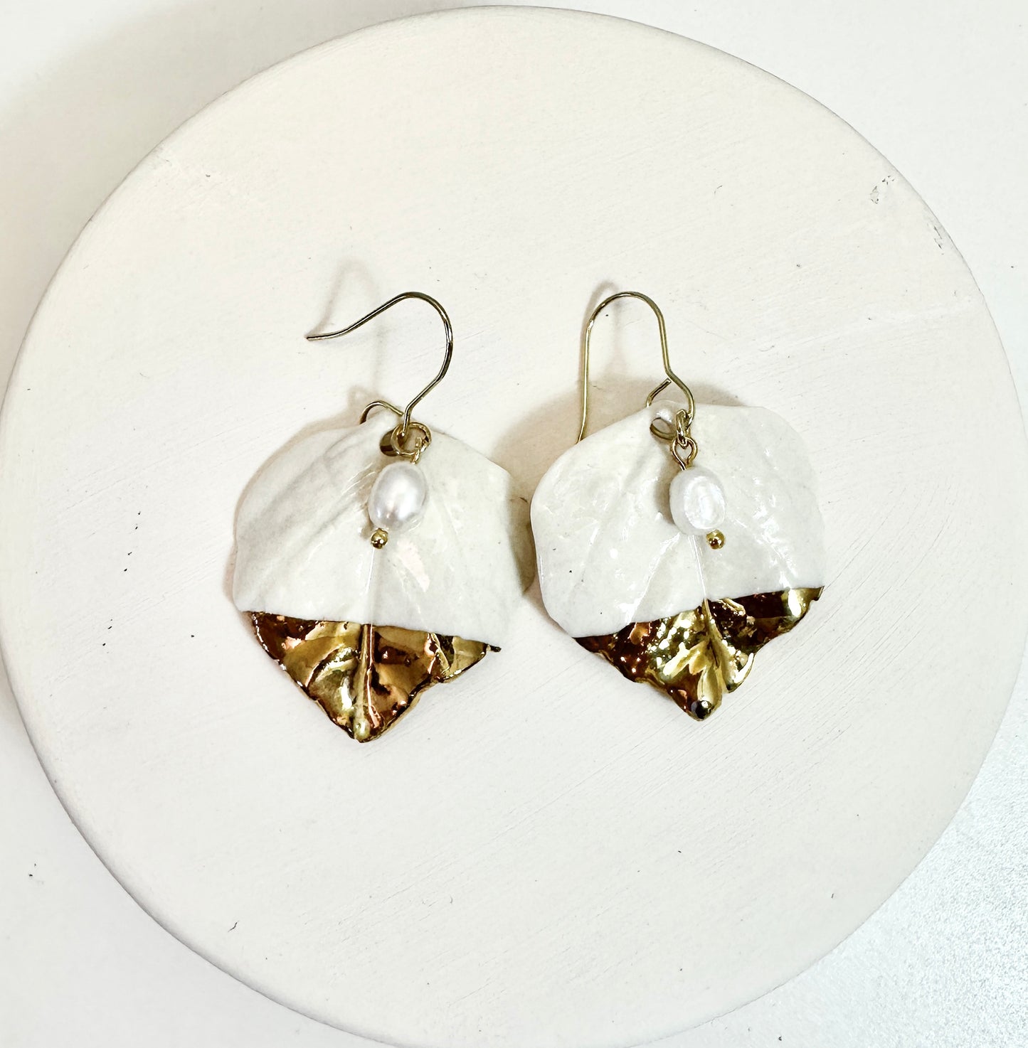 Gold Dipped Aspen Leaf Porcelain Earrings with Freshwater Pearls