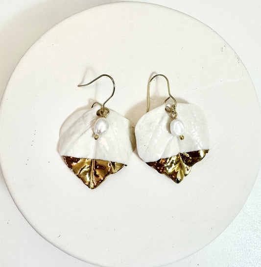 Gold Dipped Aspen Leaf Porcelain Earrings with Freshwater Pearls
