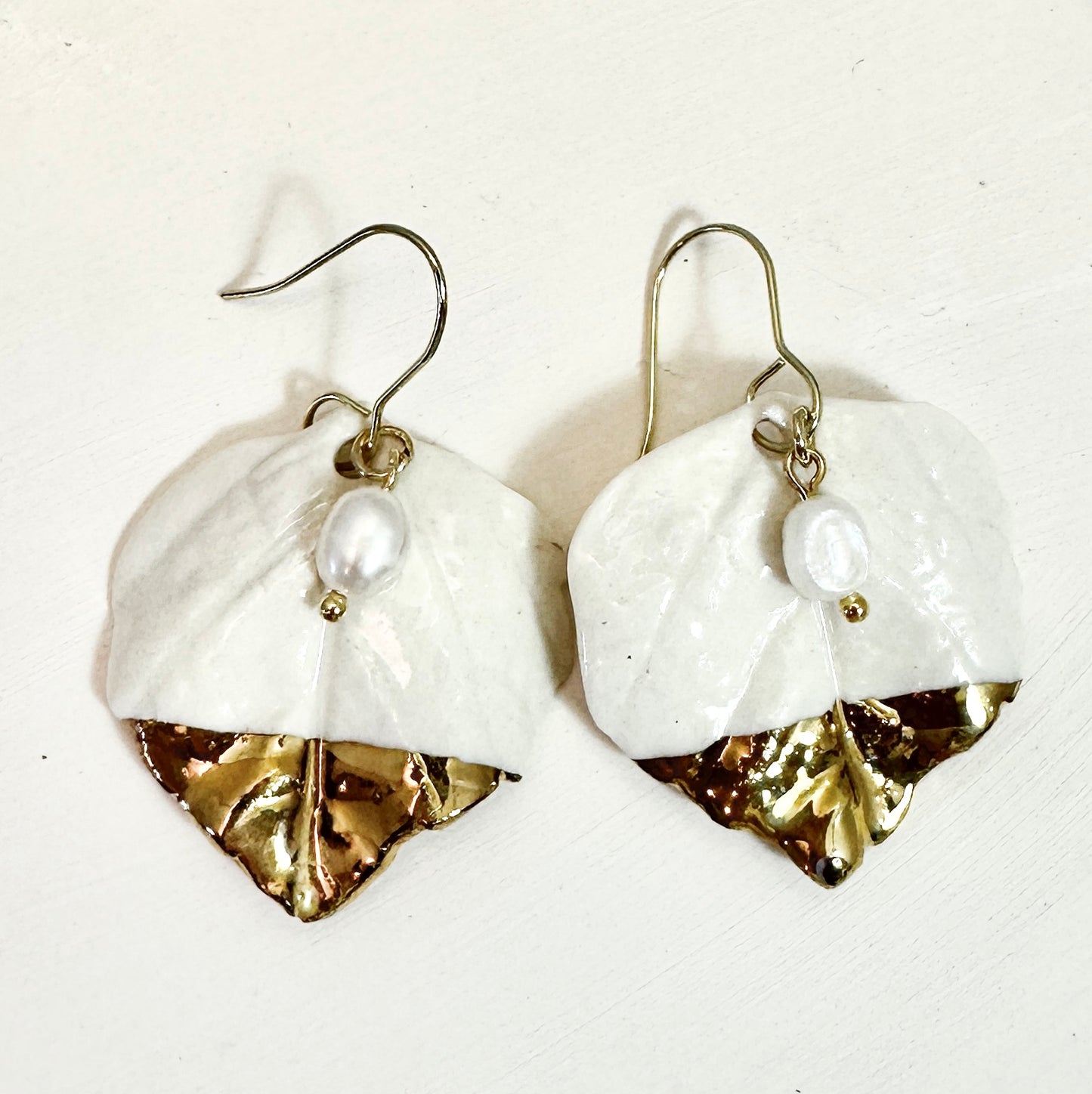 Gold Dipped Aspen Leaf Porcelain Earrings with Freshwater Pearls