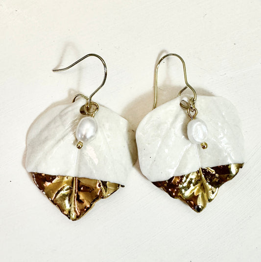 Gold Dipped Aspen Leaf Porcelain Earrings with Freshwater Pearls