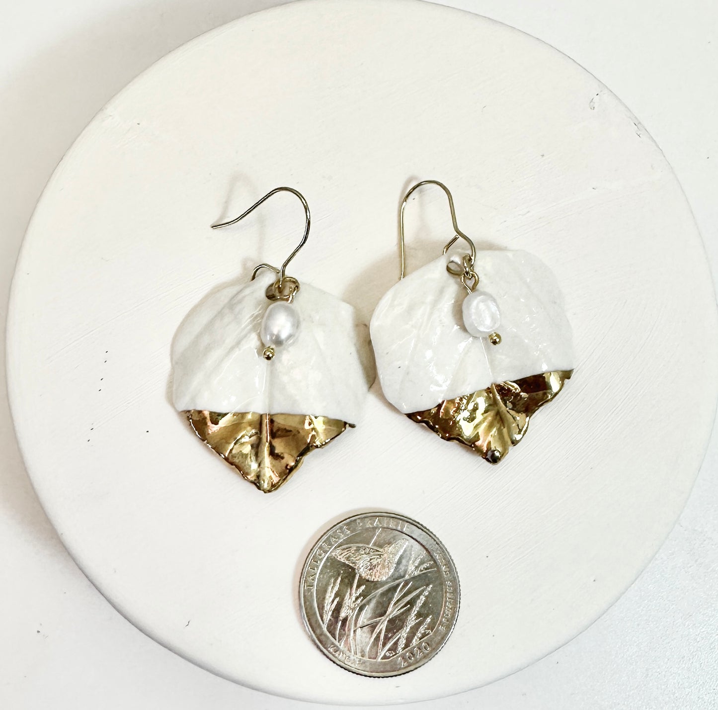 Gold Dipped Aspen Leaf Porcelain Earrings with Freshwater Pearls