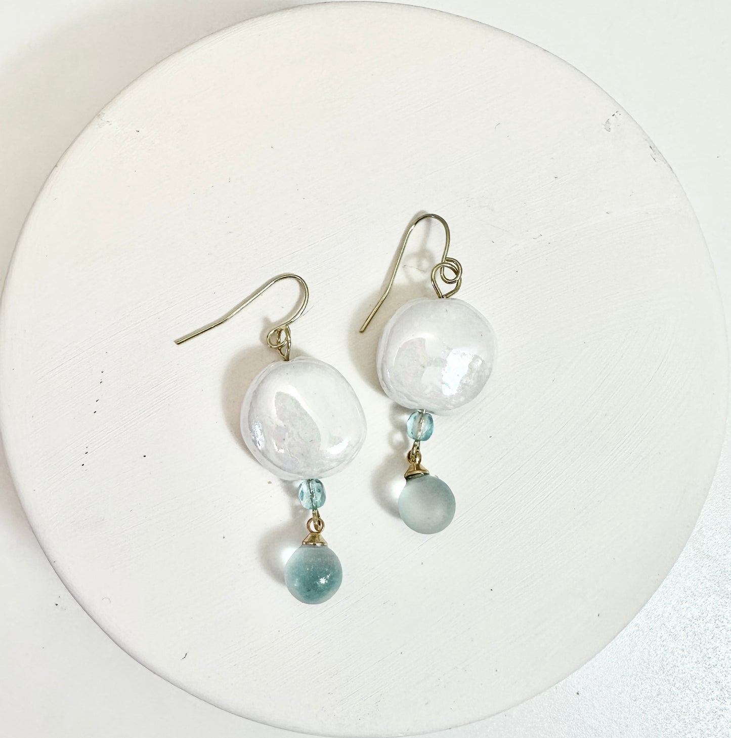 Mother-of-Pearl Dangle Porcelain Earrings with Aquamarine Glass Beads