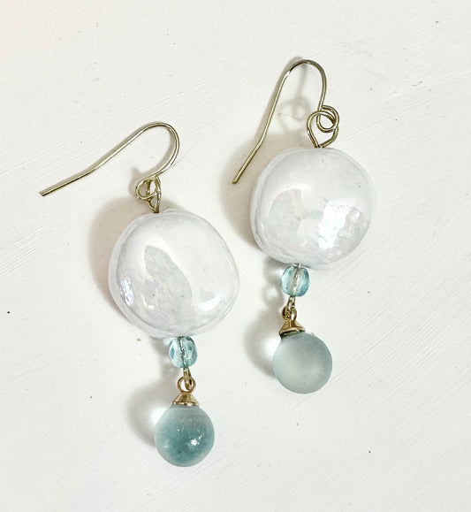 Mother-of-Pearl Dangle Porcelain Earrings with Aquamarine Glass Beads