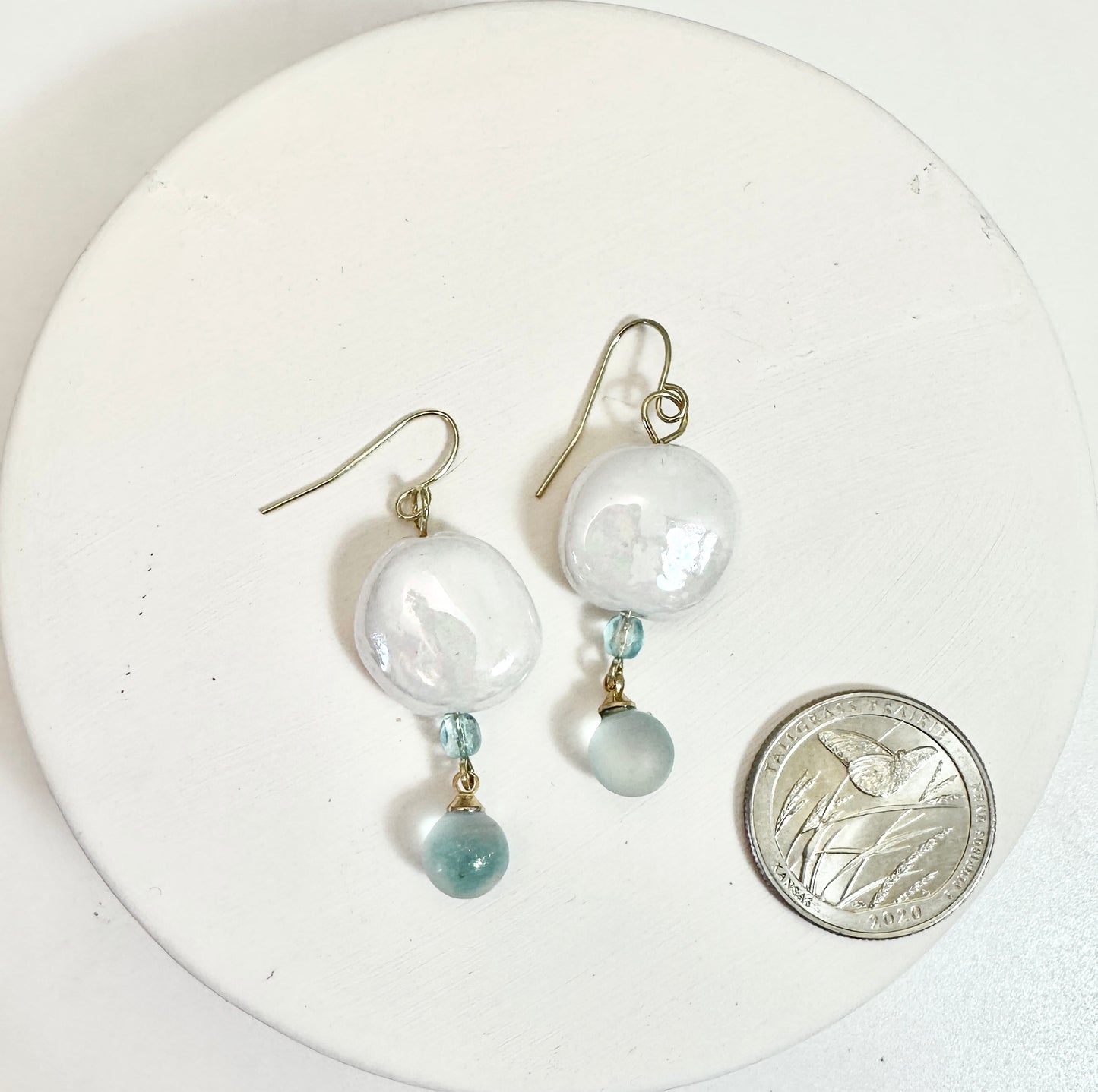 Mother-of-Pearl Dangle Porcelain Earrings with Aquamarine Glass Beads