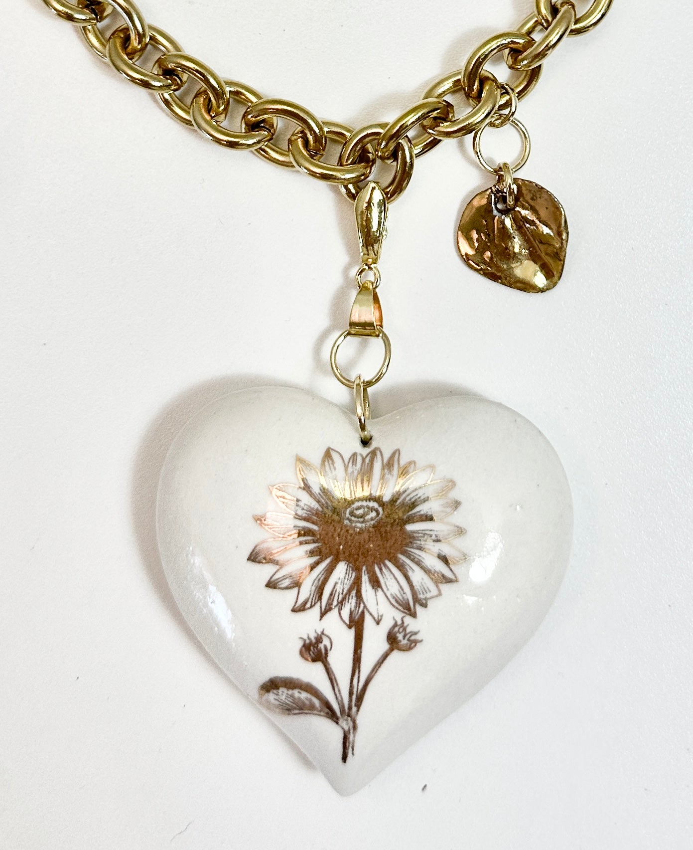 Golden Sunflower Heart Necklace on a Chunky Chain