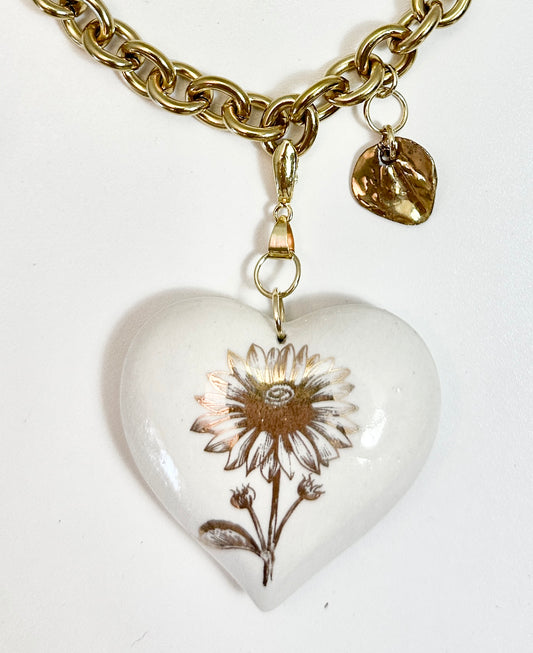Golden Sunflower Heart Necklace on a Chunky Chain