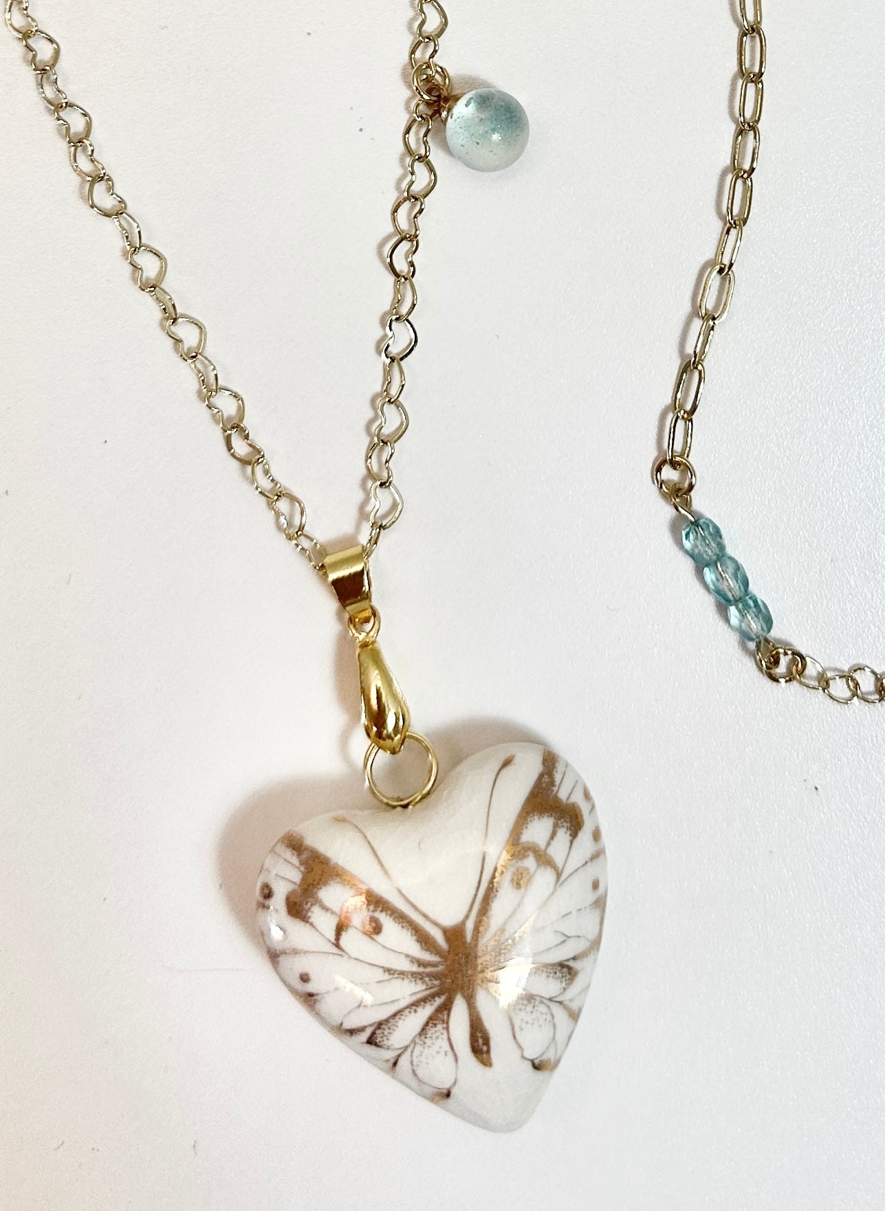 Porcelain Heart with Gold Butterfly Necklace (large butterfly)