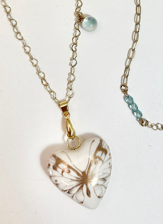 Porcelain Heart with Gold Butterfly Necklace (large butterfly)
