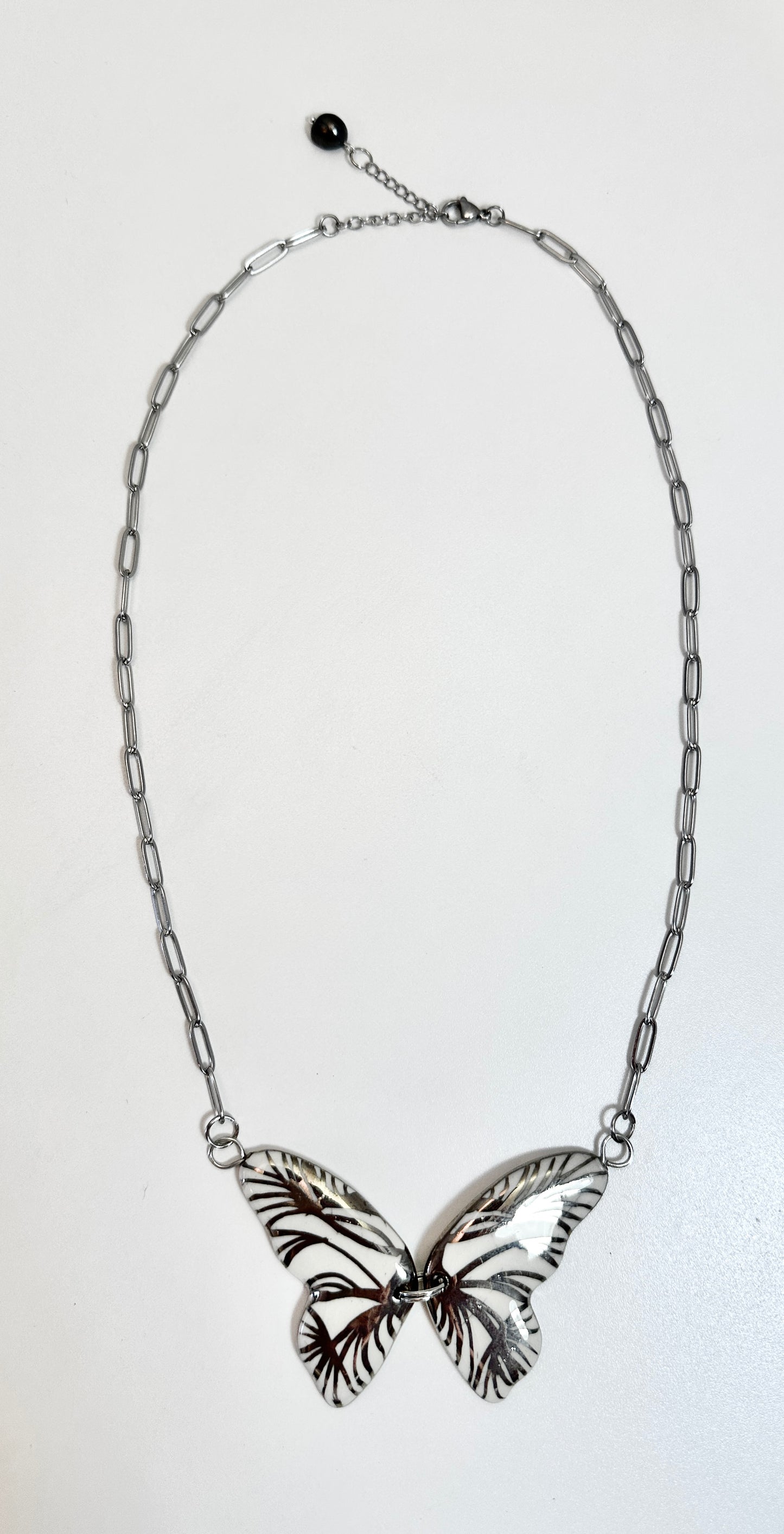 Silver Butterfly Necklace with Black Pearl