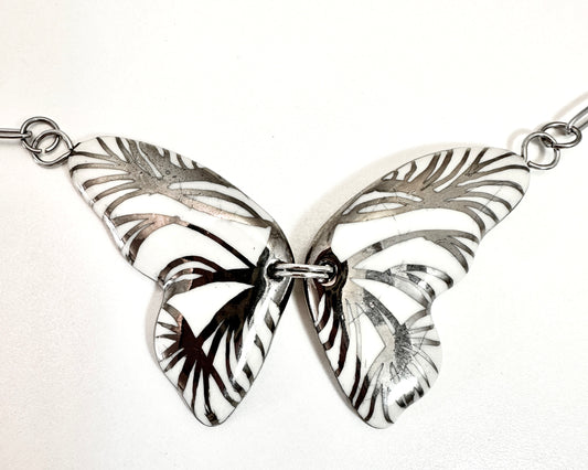 Silver Butterfly Necklace with Black Pearl