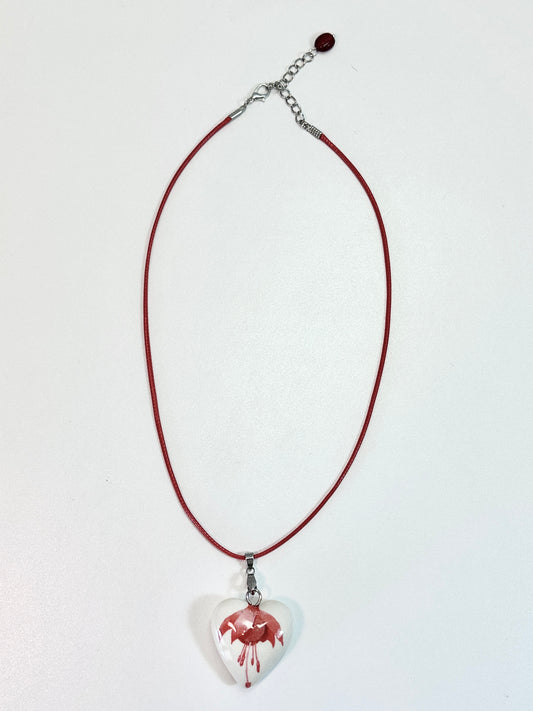 Porcelain Puffy Heart with Fuchsia Blossom Necklace
