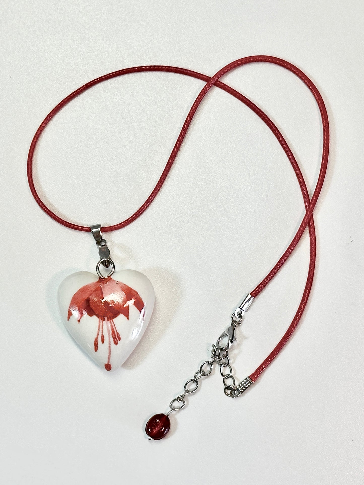 Porcelain Puffy Heart with Fuchsia Blossom Necklace