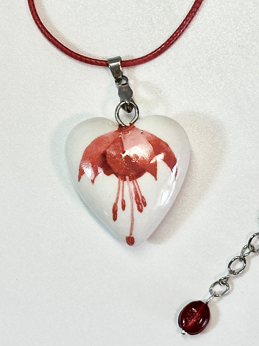 Porcelain Puffy Heart with Fuchsia Blossom Necklace