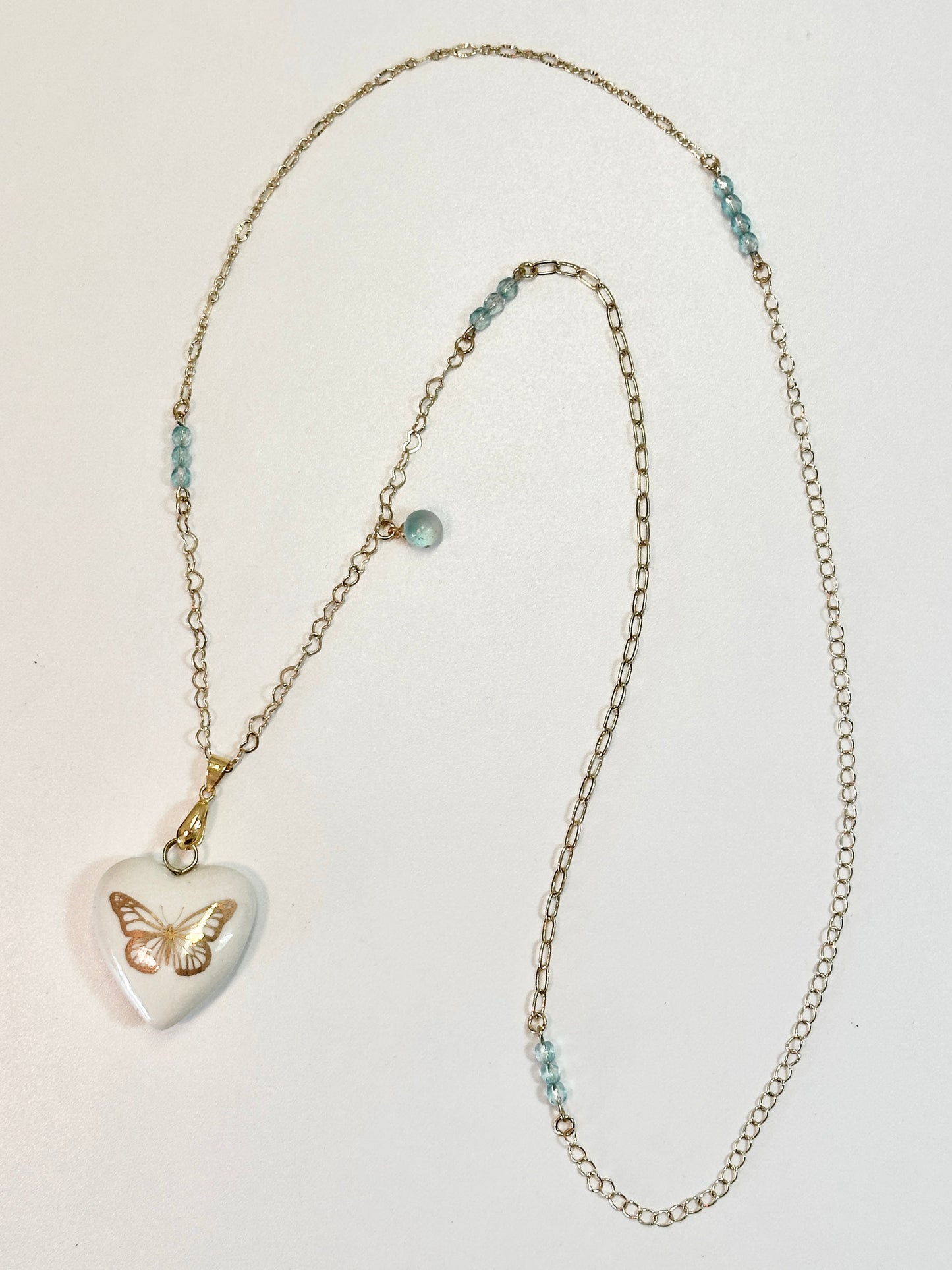 Porcelain Heart with Gold Butterfly Necklace (small butterfly)