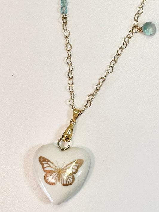 Porcelain Heart with Gold Butterfly Necklace (small butterfly)