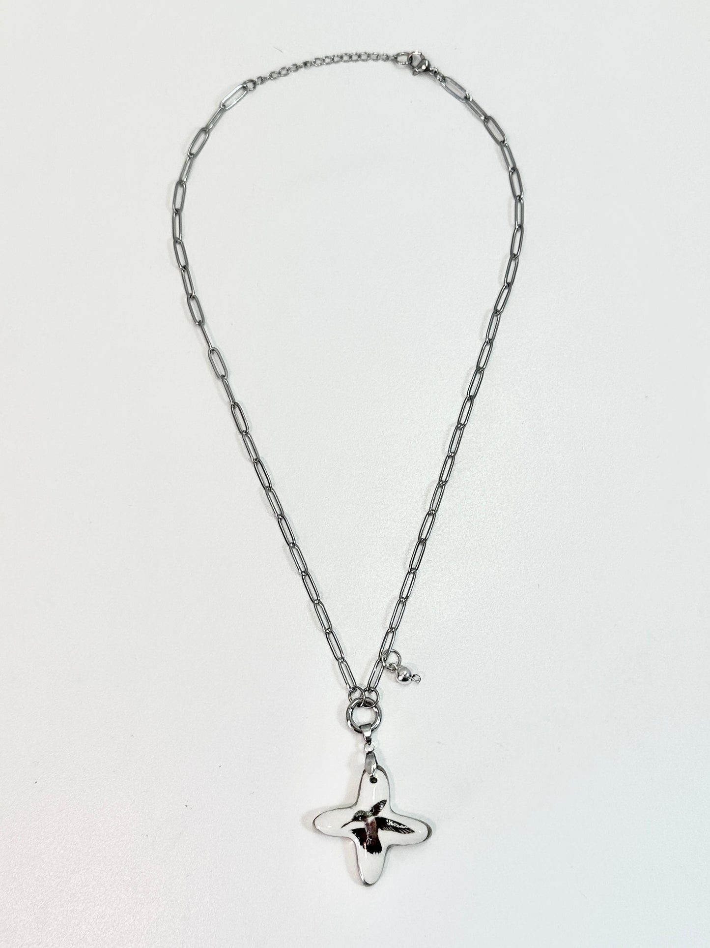 Porcelain Cross with Hummingbird Necklace