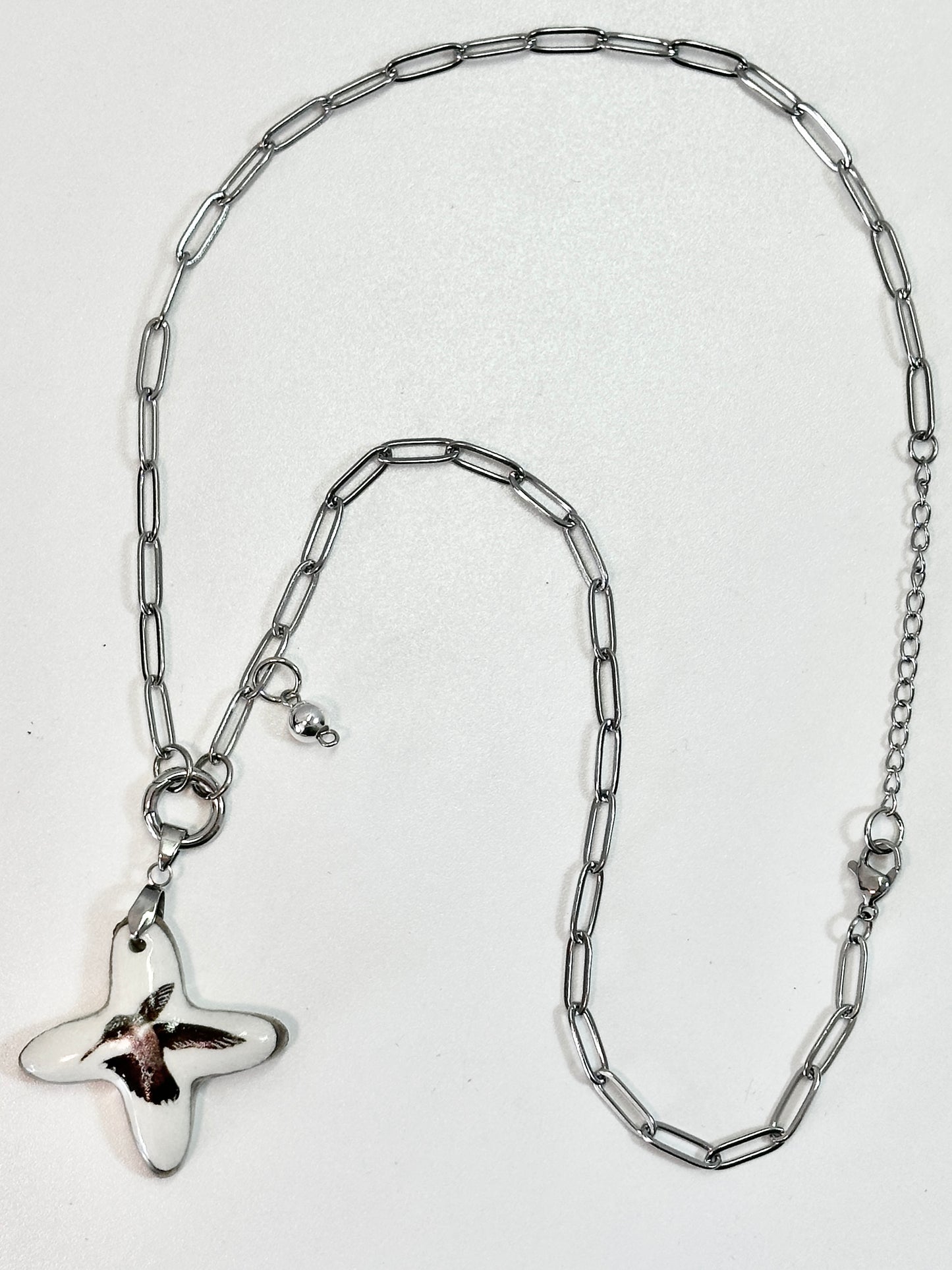 Porcelain Cross with Hummingbird Necklace