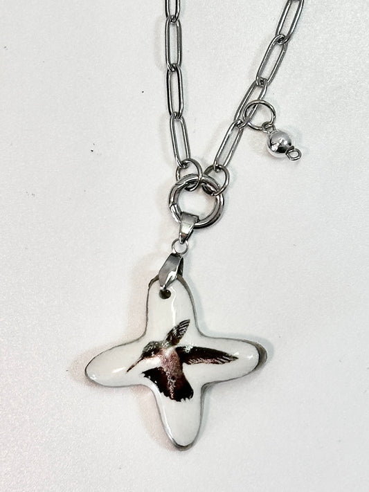 Porcelain Cross with Hummingbird Necklace