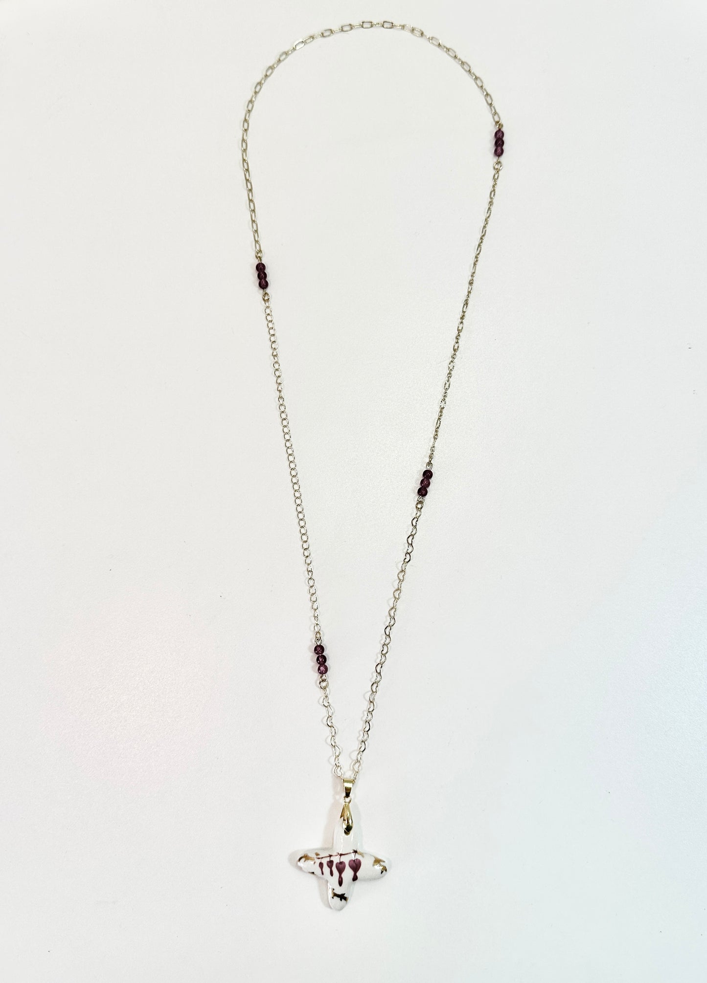 Porcelain Cross with Bleeding Hearts Necklace