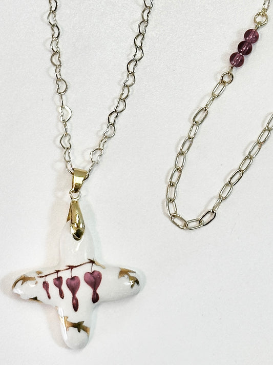 Porcelain Cross with Bleeding Hearts Necklace