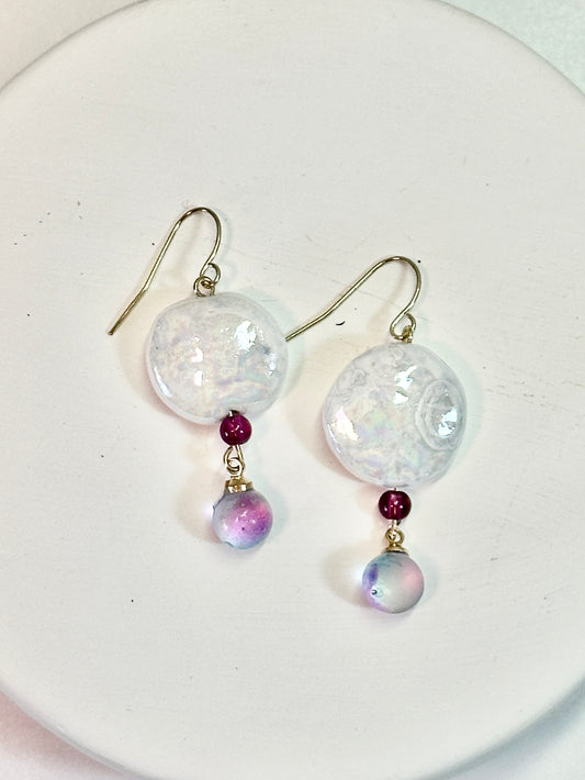 Mother-of-Pearl Dangle Porcelain Earrings with Purple Glass Beads