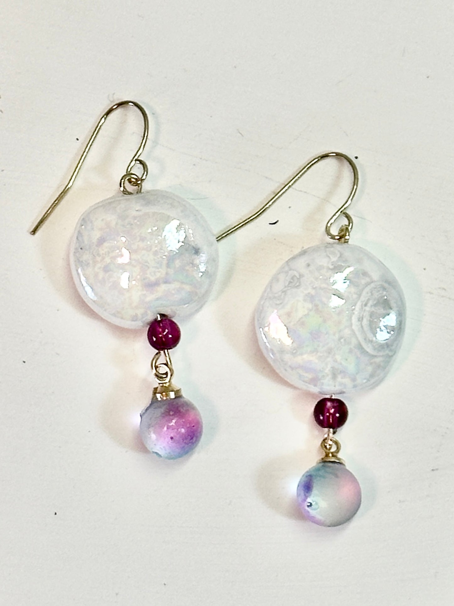 Mother-of-Pearl Dangle Porcelain Earrings with Purple Glass Beads