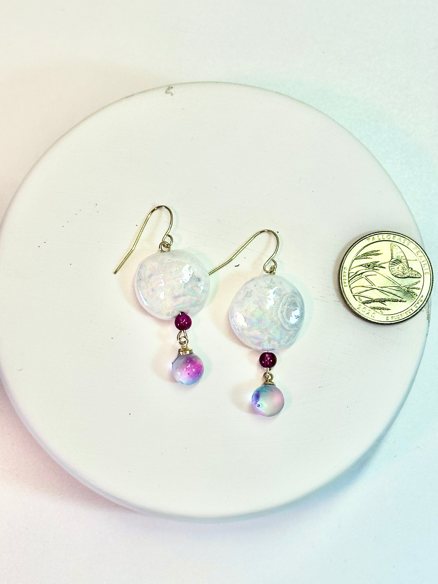 Mother-of-Pearl Dangle Porcelain Earrings with Purple Glass Beads