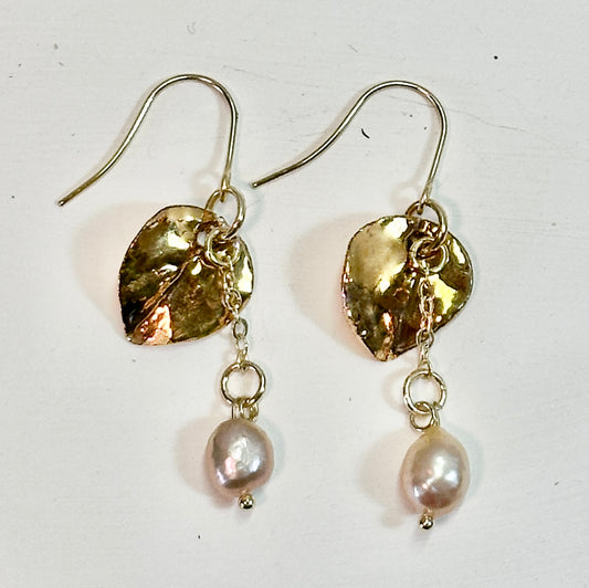 Petite Gold Aspen Leaf Porcelain and Freshwater Pearl Earrings