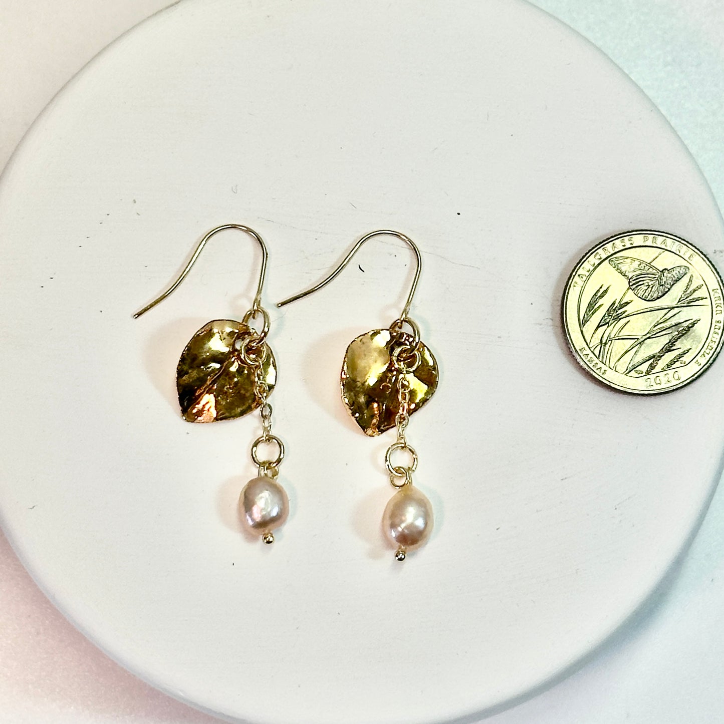 Petite Gold Aspen Leaf Porcelain and Freshwater Pearl Earrings