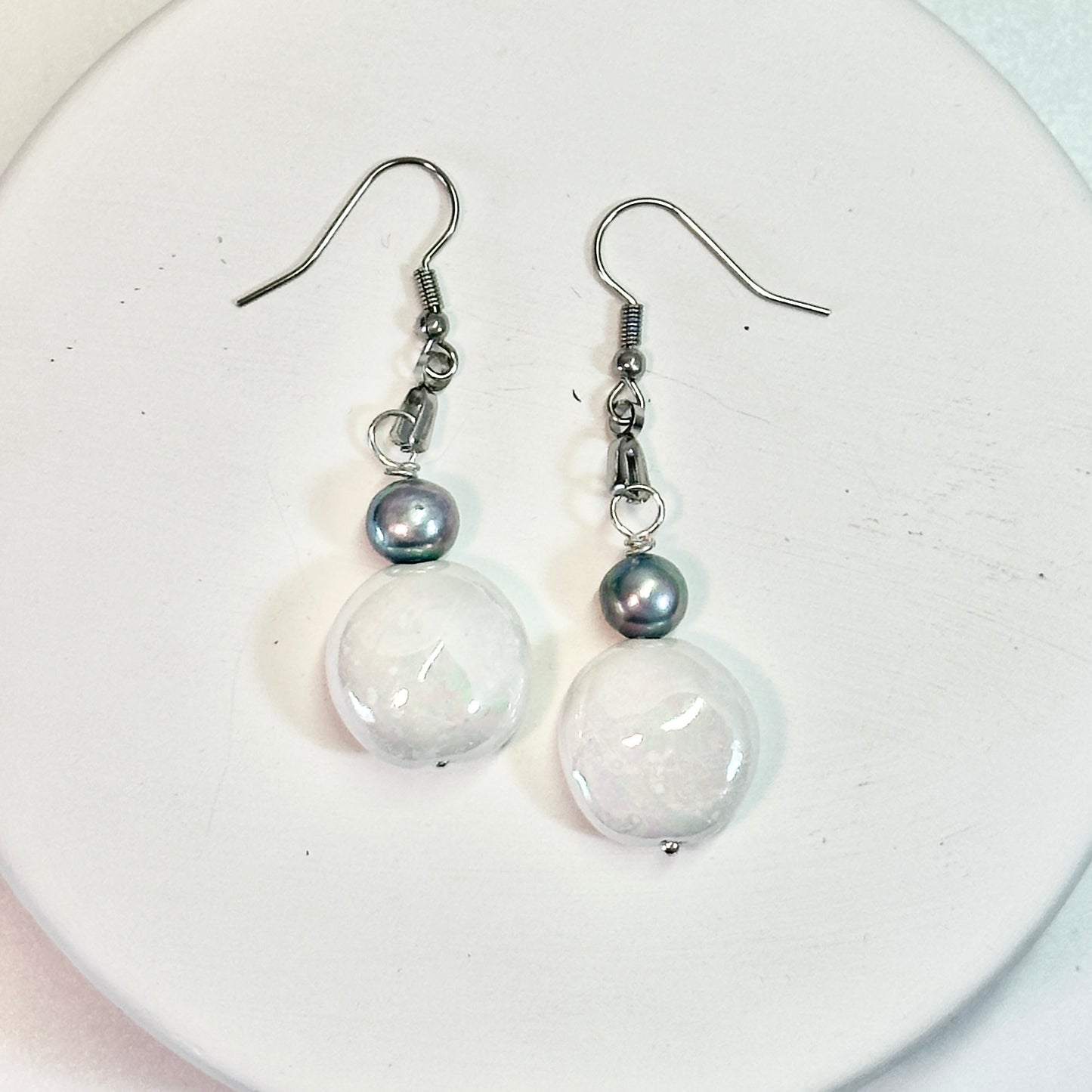 Mother-of-Pearl Dangle Porcelain Earrings with Black Fresh Water Pearls