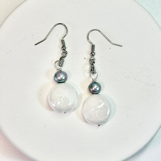 Mother-of-Pearl Dangle Porcelain Earrings with Black Fresh Water Pearls
