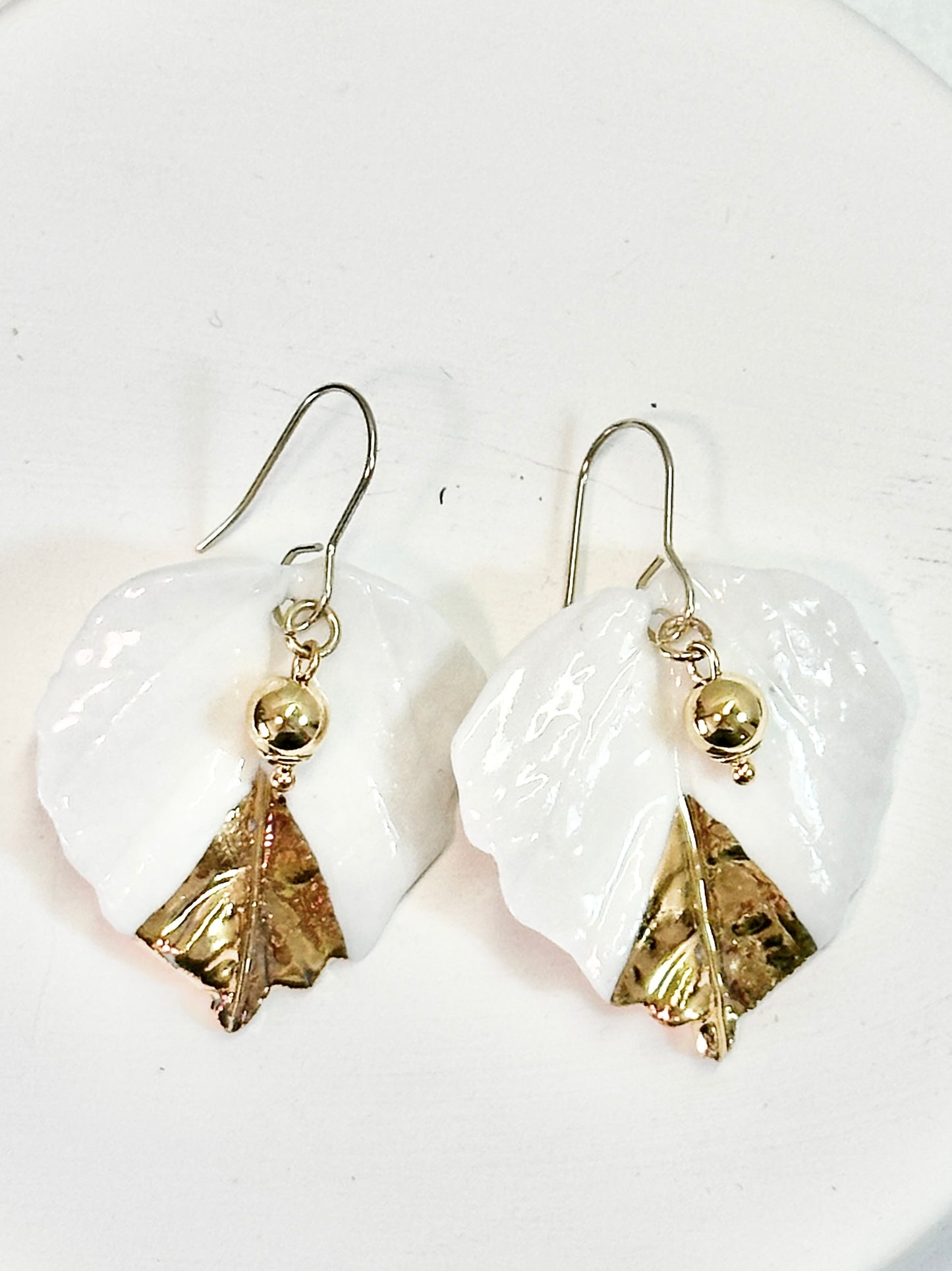 Gold Dipped Aspen Leaf Porcelain Earrings with Gold Dangling Bead