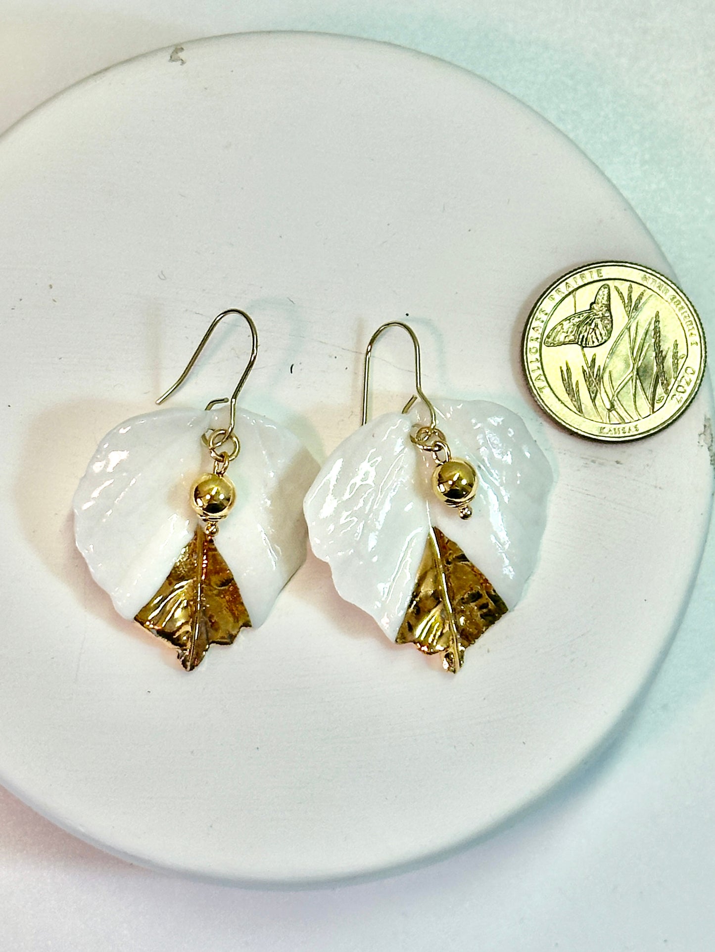 Gold Dipped Aspen Leaf Porcelain Earrings with Gold Dangling Bead