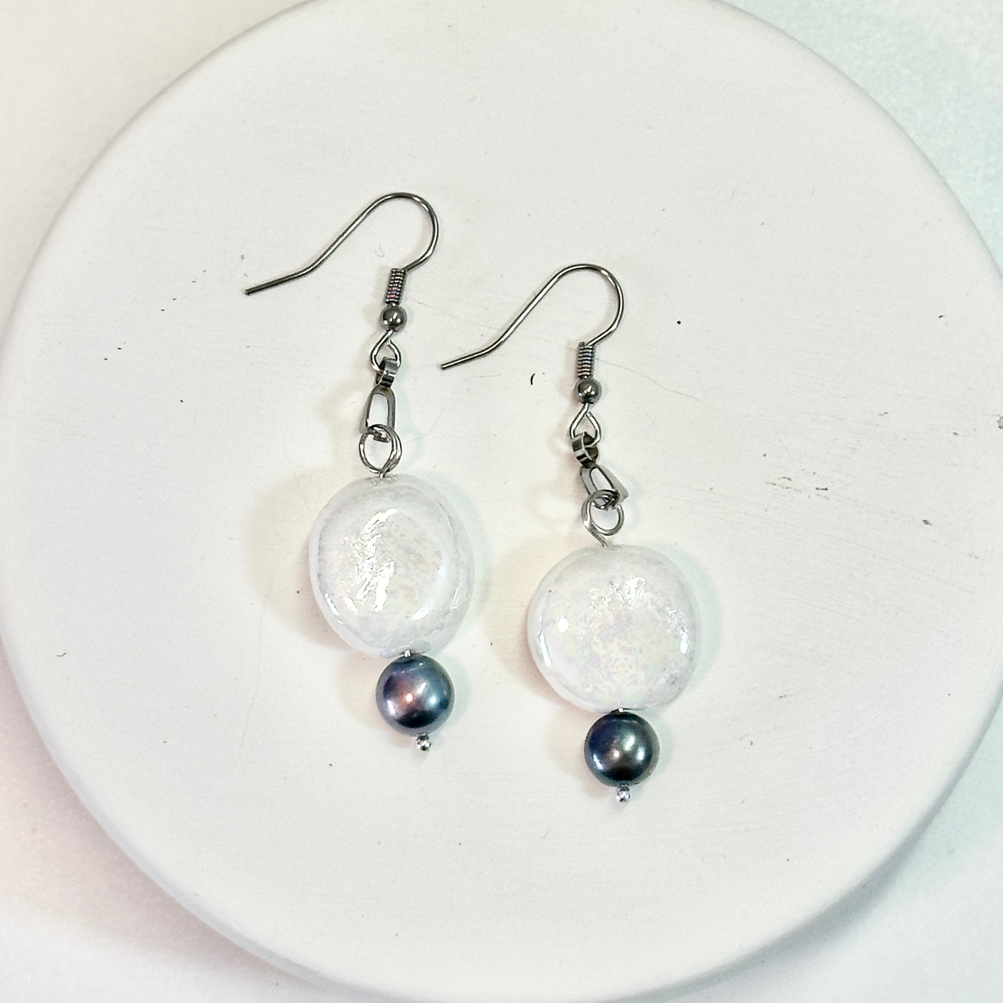 Mother-of-Pearl Dangle Porcelain Earrings with Black Fresh Water Pearls