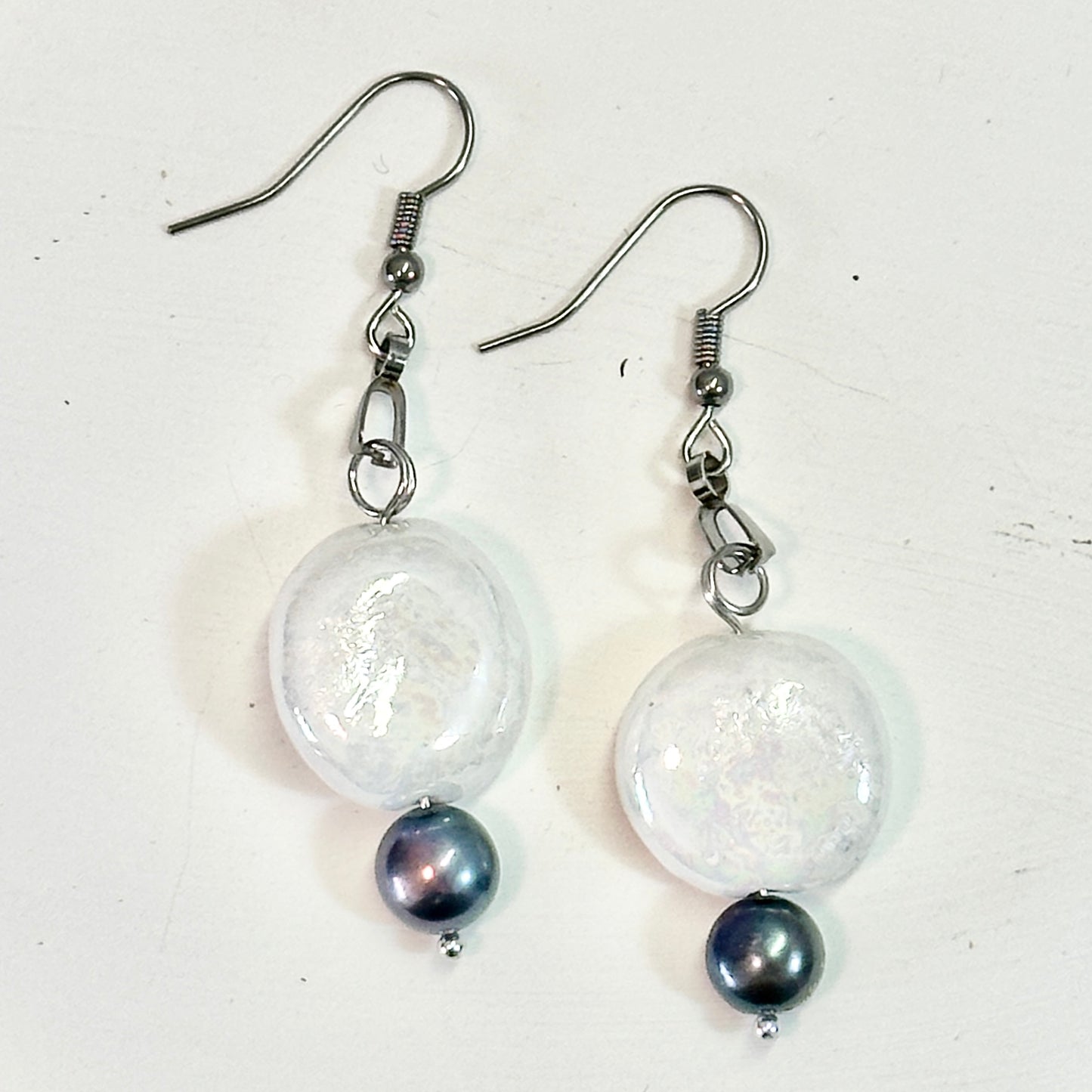 Mother-of-Pearl Dangle Porcelain Earrings with Black Fresh Water Pearls
