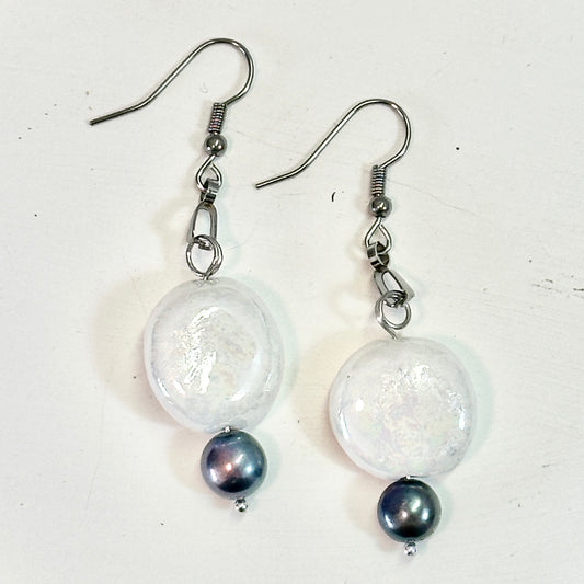 Mother-of-Pearl Dangle Porcelain Earrings with Black Fresh Water Pearls