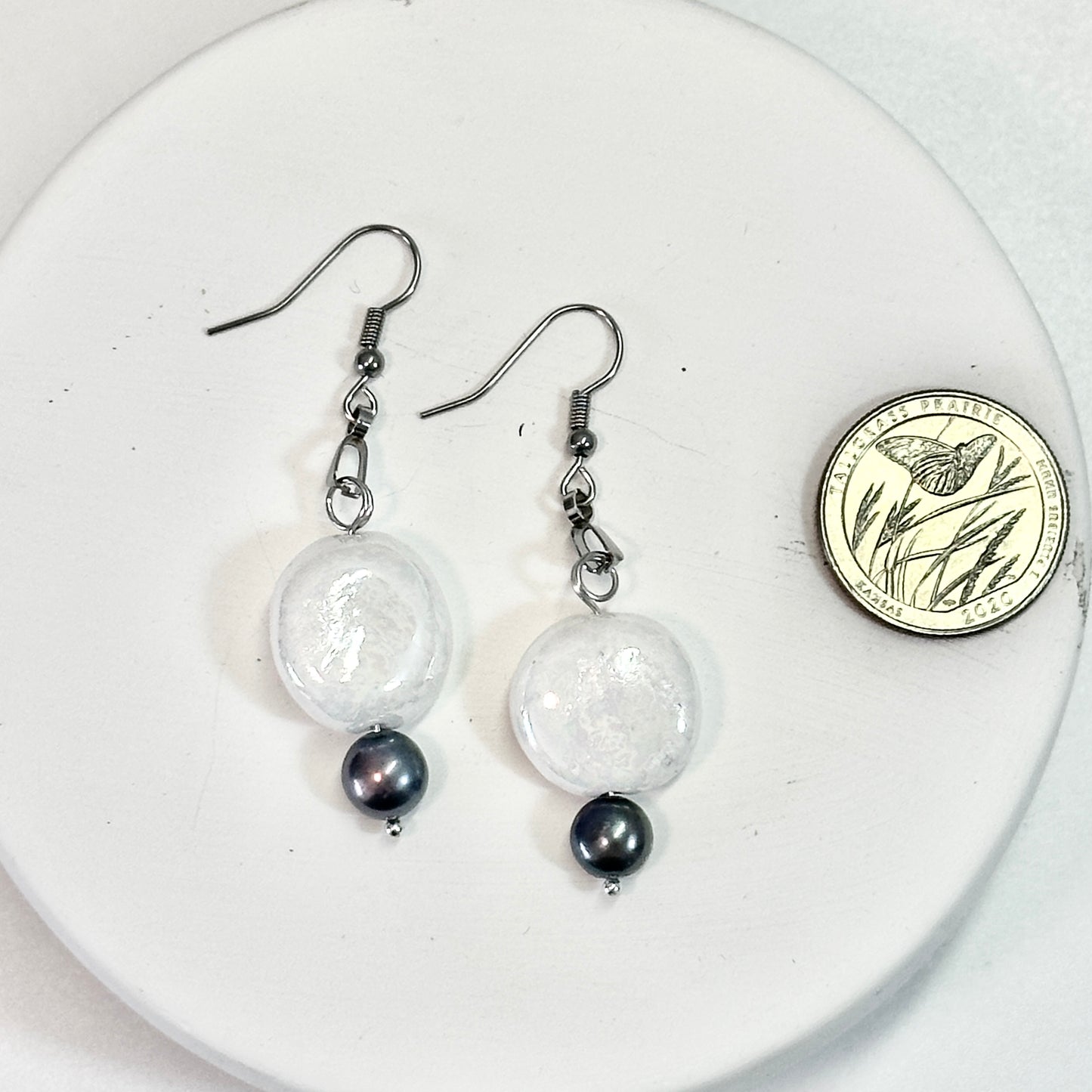 Mother-of-Pearl Dangle Porcelain Earrings with Black Fresh Water Pearls