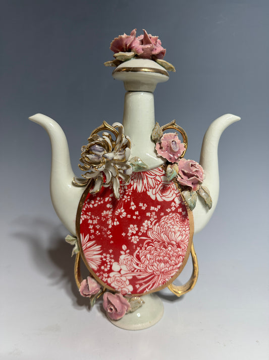 Chrysanthemums and Roses, Double Spout Porcelain Teapot