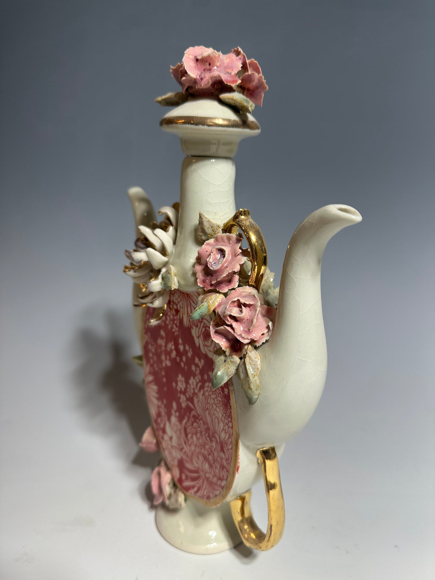 Chrysanthemums and Roses, Double Spout Porcelain Teapot