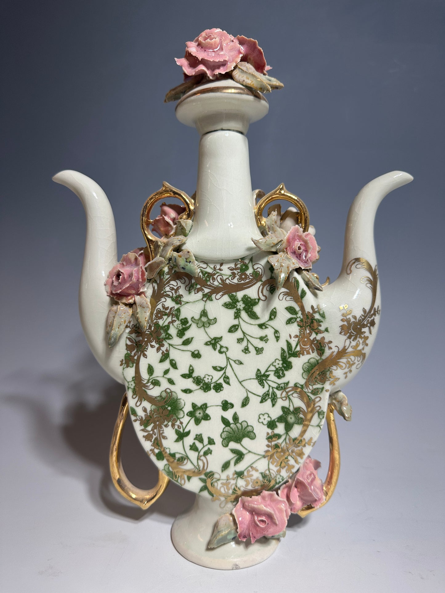Chrysanthemums and Roses, Double Spout Porcelain Teapot