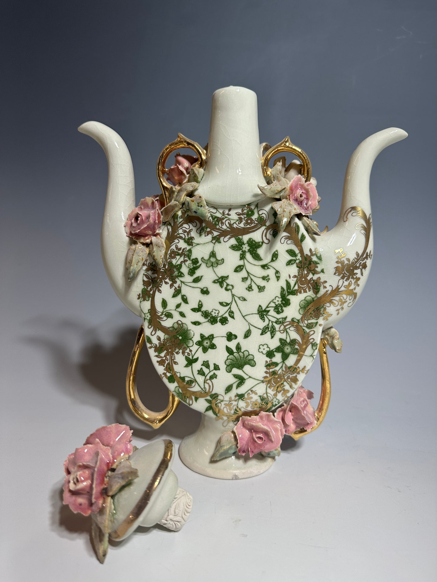 Chrysanthemums and Roses, Double Spout Porcelain Teapot