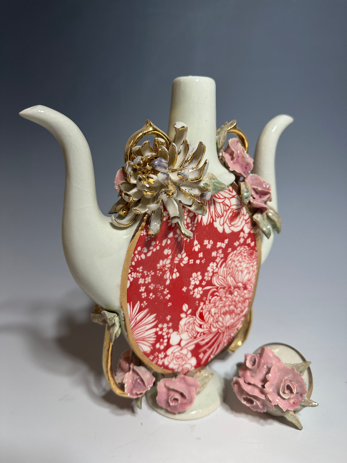 Chrysanthemums and Roses, Double Spout Porcelain Teapot